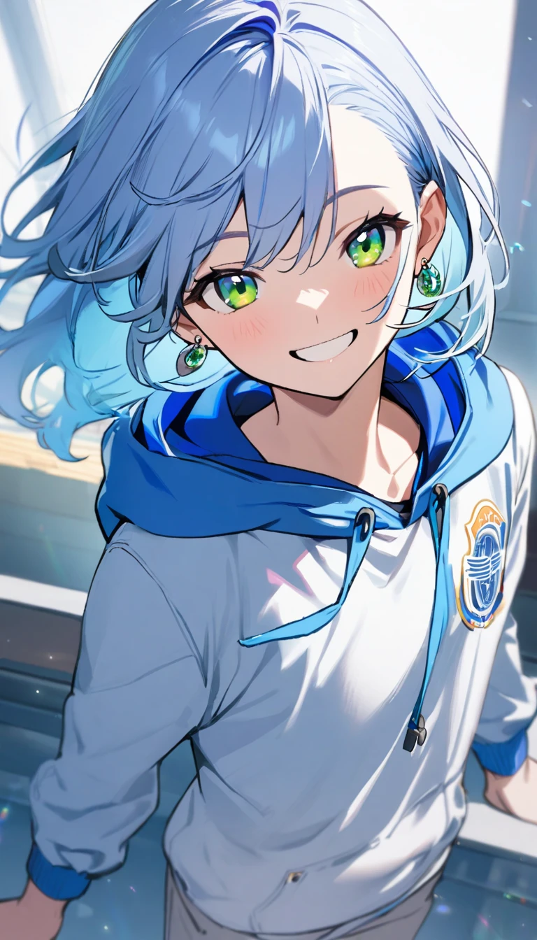 1boy,short bright light blue hair,green eyes,earrings,,big blue hoodie,white blazer with school logo on top, beautiful smile,standing
