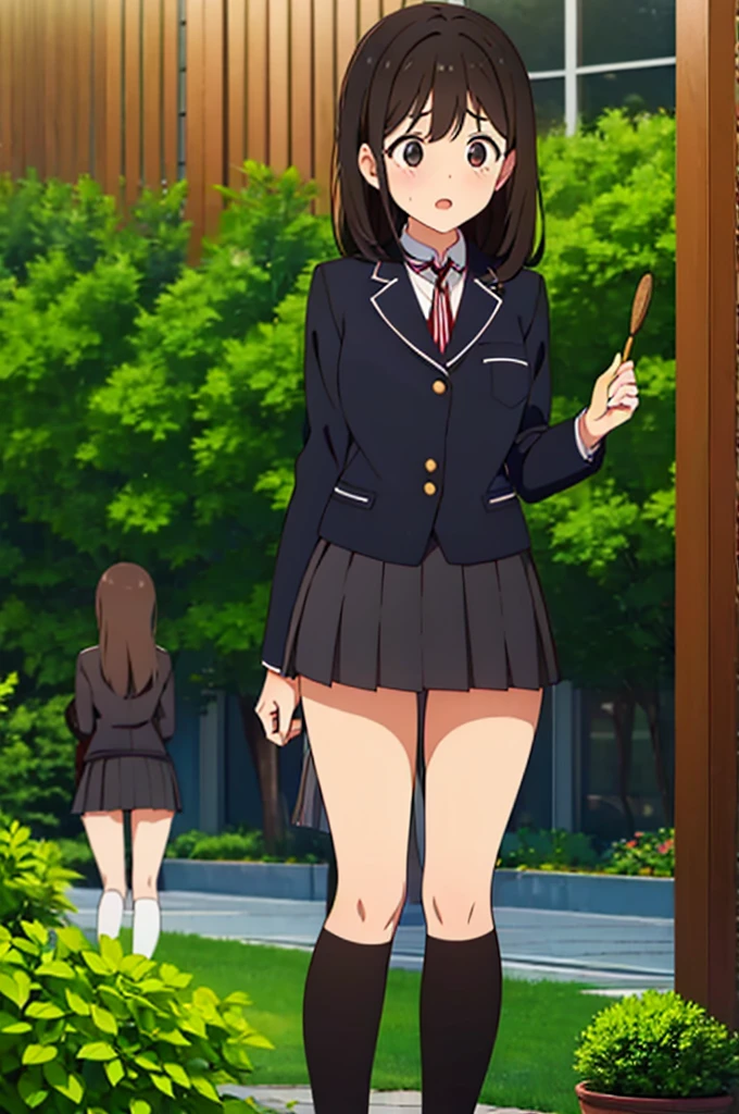 (Three Women:1.5) ,Dark Brown Hair,Black Hair,(Nose Brush:1.7) ,Surprised,Open your mouth,(school uniform),(Panties in full view:1.7),(Extremely high quality),(mini skirt),nature,garden,Shiny legs, Thighs,Cute face,(Looking up from below),tall,squat,Wet and see-through