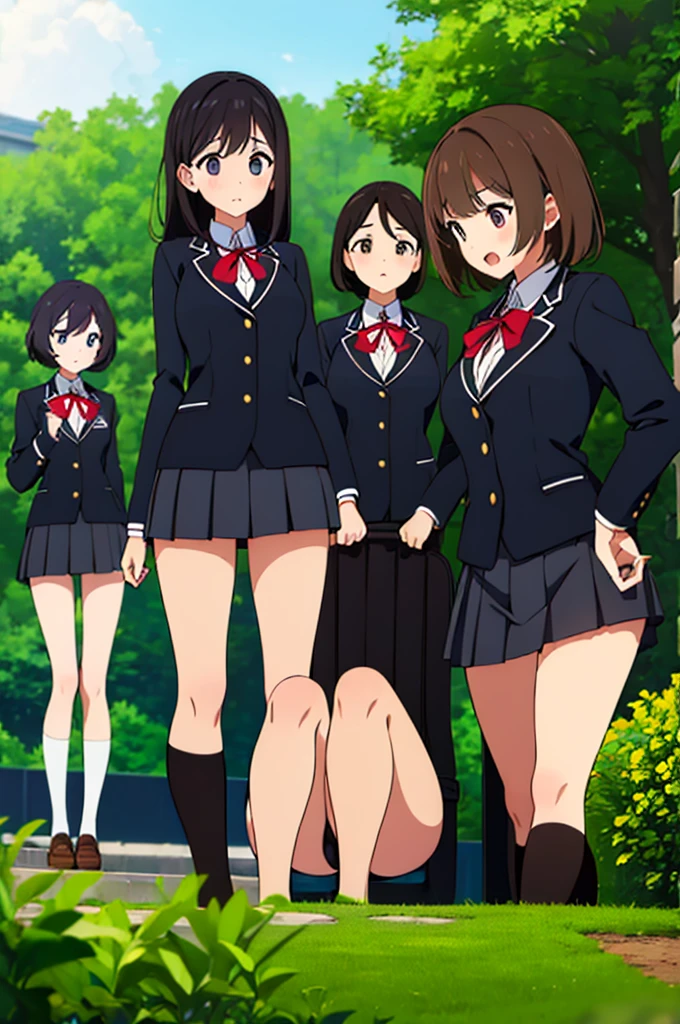 (Three Women:1.5) ,Dark Brown Hair,Black Hair,(Nose Brush:1.7) ,Surprised,Open your mouth,(school uniform),(Panties in full view:1.7),(Extremely high quality),(mini skirt),nature,garden,Shiny legs, Thighs,Cute face,squat,Wet and see-through