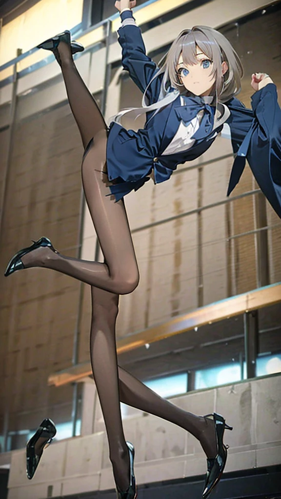 Blue delicate eyes, ,sports shoes,Black tights,Sports jacket,Hip-wrapped pants