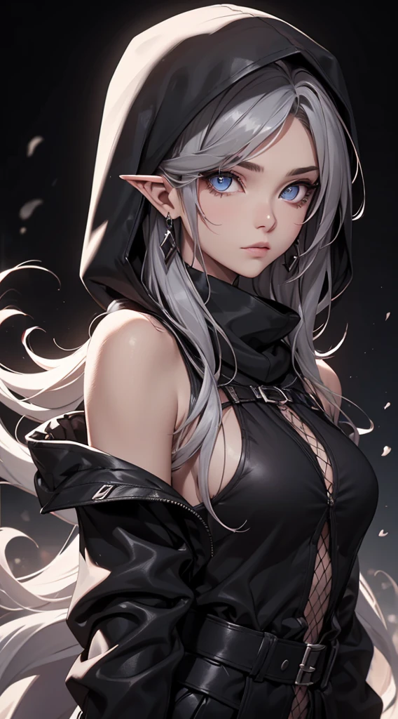 White elf girl, dark grey hair color, very long flowing hair, grey eye color, small eyes, round eye shape, eyeliner, realistic face shape. black shirt, portrait, wearing a black hood, black background, Depth of Field. looking at camera, dreamy look detailed eyes, detailed face, detailed skin, Ultra Detailed, Beautiful and Aesthetic, Masterpiece, Best Quality, shoulders showing. fish net fabric, round chin shape. wearing black hood over hair. showing full upper body and face. wearing a black hood, alot of flairs in background, zoomed out, black and white. glowing,