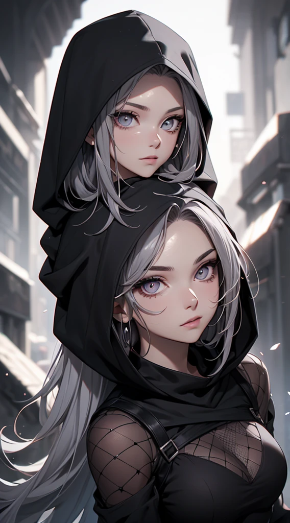 White elf girl, dark grey hair color, very long flowing hair, grey eye color, small eyes, round eye shape, eyeliner, realistic face shape. black shirt, portrait, wearing a black hood, black background, Depth of Field. looking at camera, dreamy look detailed eyes, detailed face, detailed skin, Ultra Detailed, Beautiful and Aesthetic, Masterpiece, Best Quality, shoulders showing. fish net fabric, round chin shape. wearing black hood over hair. showing full upper body and face. wearing a black hood, alot of flairs in background, zoomed out, black and white. glowing,
