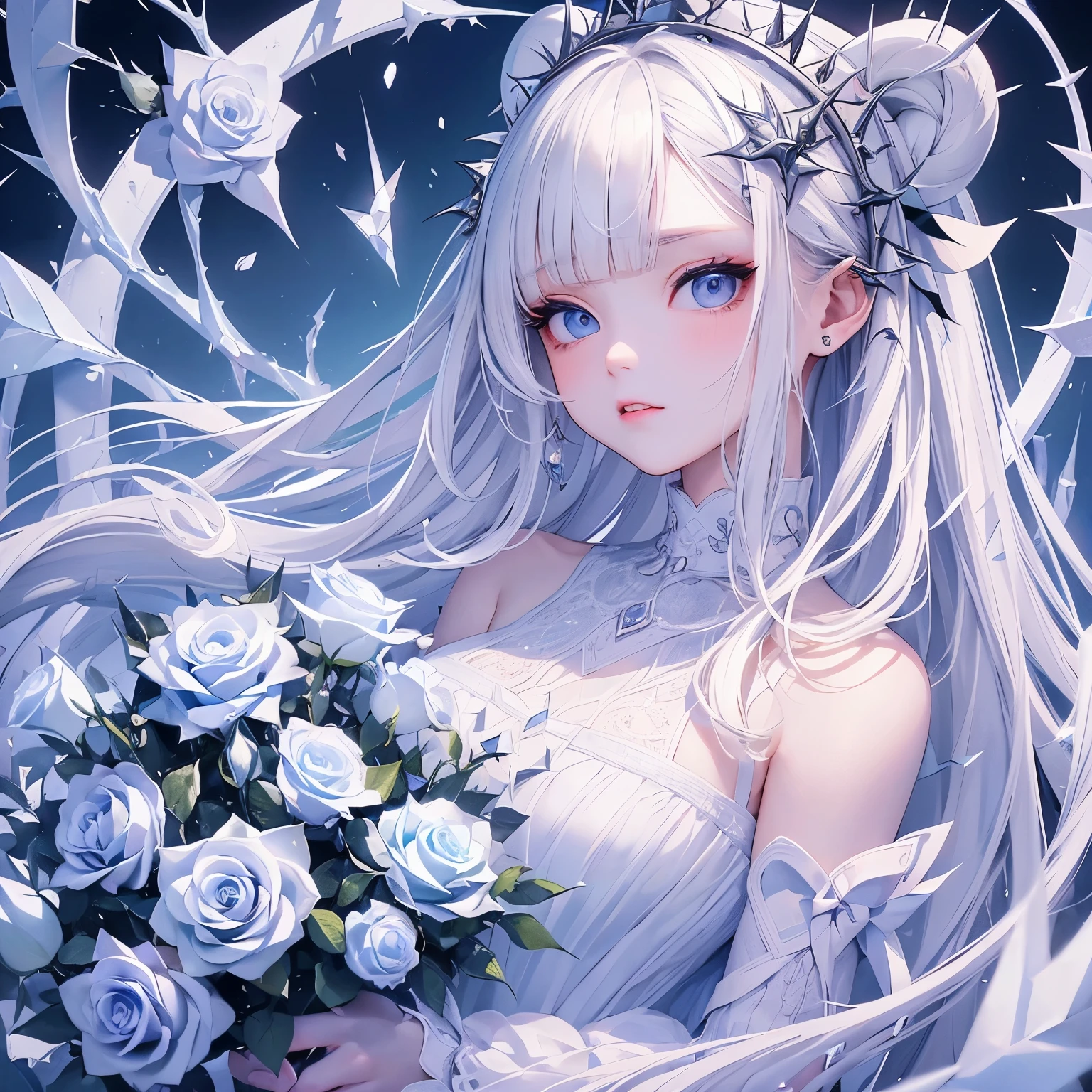 (masterpiece), Highest quality, Ultra-high resolution,Bear ears with white ribbon、Silver Hair、Light blue eyes、White clothing、snow、Cold look、ice、(ice柱:1.3)、Splinter、(tooth:1.3)、White Rose、(Rose Thorns:1.3)