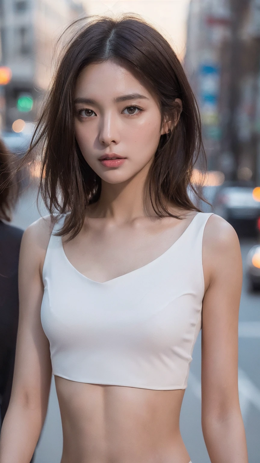((Realistic lighting, best quality, 8K, masterpiece: 1.3)), Be focused: 1.2, 1 Girl, Perfect body: 1.4, Slim abdominal muscles: 1.1, ((Dark brown hair)), (White cropped top: 1.4), (outdoor, night: 1.1), City Streets, Very delicate face, Beautiful eyes, Double eyelids,Sexy