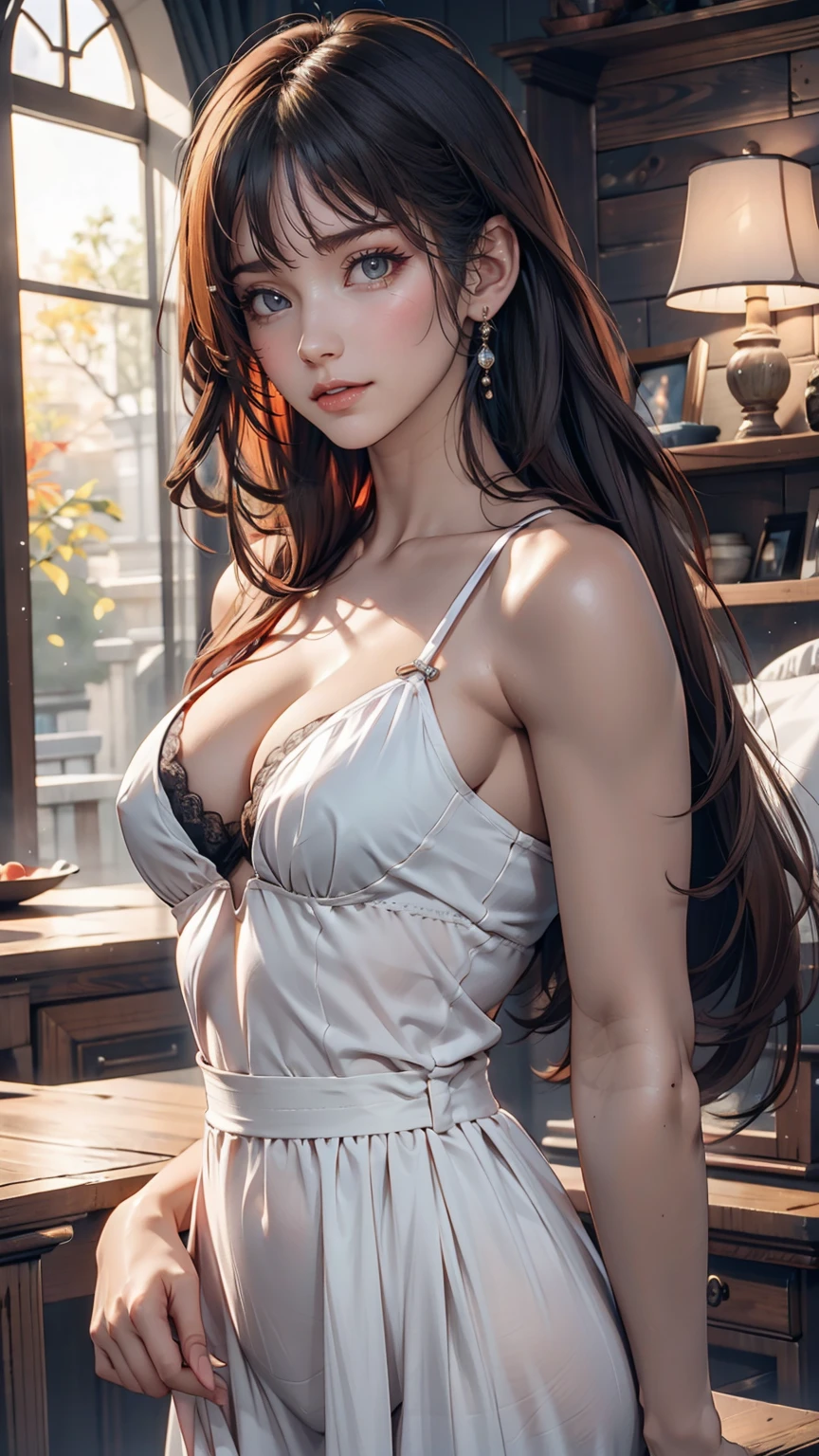 Highest quality, masterpiece, (Realistic: 1.2), 1 Girl, Slim girl, Redhead, Brown eyes, front, Detailed face, Beautiful Eyes, Brown eyes, Big eyes, Small breasts, Cleavage, A seductive long dress with lace、Sexy proportions、Sexy body type、erotic、adult、Narrow waist、Cleavage強調、Platform Sandals、Acting cute((act cute))、Place both fists on chin