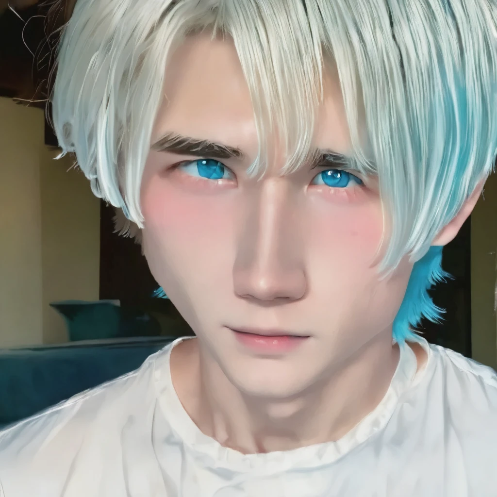 best quality, masterpiece, solo, 1boy, blue hair, white shirt,  blue eyes, black beckground, upper body