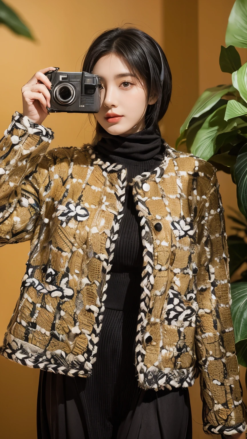 21yo girl, black hair, long hair, poses elegantly while holding a camera. She is wearing a stylish black and white checkered jacket. The background shows green plants and a table, giving an aesthetic and simple interior impression
