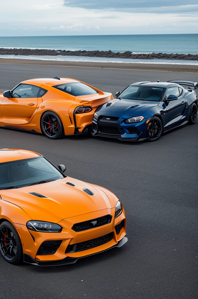 Classic orange supra and on the right a blue GTR35 with a beach view