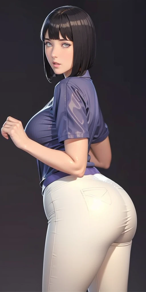 (((Perfect body,White and tender skin,(((ruanyi0533,blue pants,collared shirt,short sleeves,striped,sneakers,white shirt,))),(((hyuugahin,hyuugahin,hinata\(boruto\),hyuugahin, "black long hair", blue eyes,blunt bangs))),((masterpiece)),high resolution, ((Best quality at best)),masterpiece,quality,Best quality,((( Exquisite facial features,Looking at the audience,There is light in the eyes,blush,Happy,lol))),Bend forward,Plump buttocks,From the back))),(((Light and shadow,Huge breasts))),(((Looking at the camera,black background,)))),