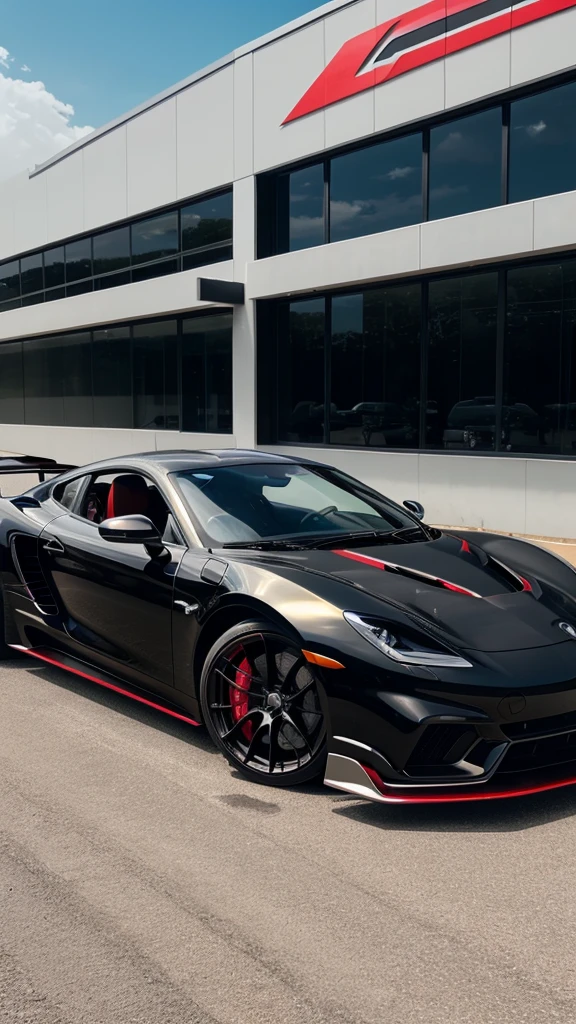 High performance sports car with glocy metallic black colour and red stripe and sporty alloys