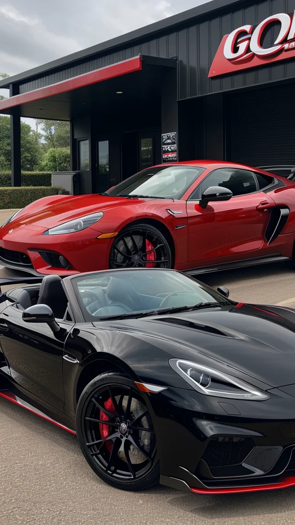 High performance sports car with glocy metallic black colour and red stripe and sporty alloys 