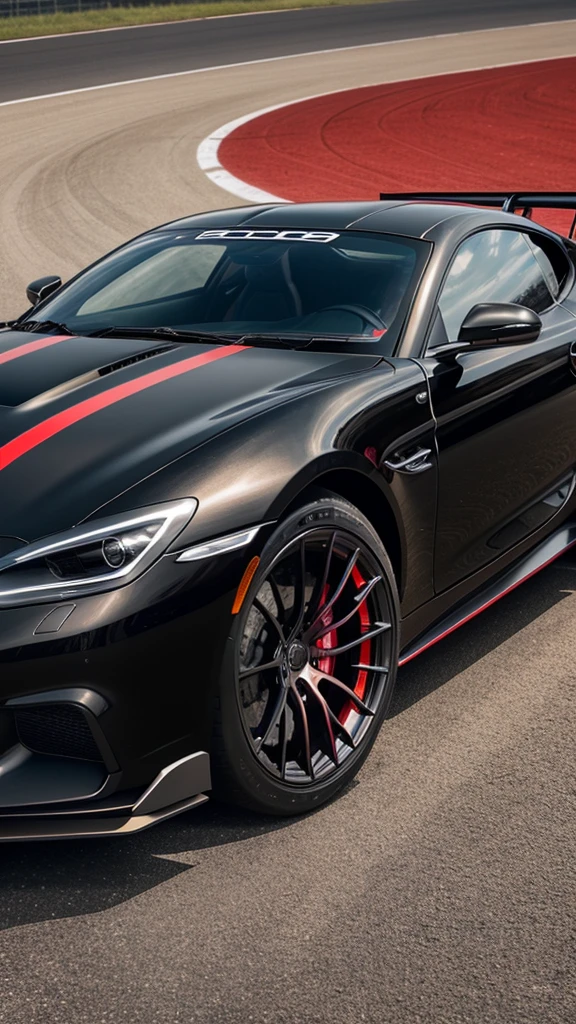 High performance sports car with glocy metallic black colour and red stripe and sporty alloys