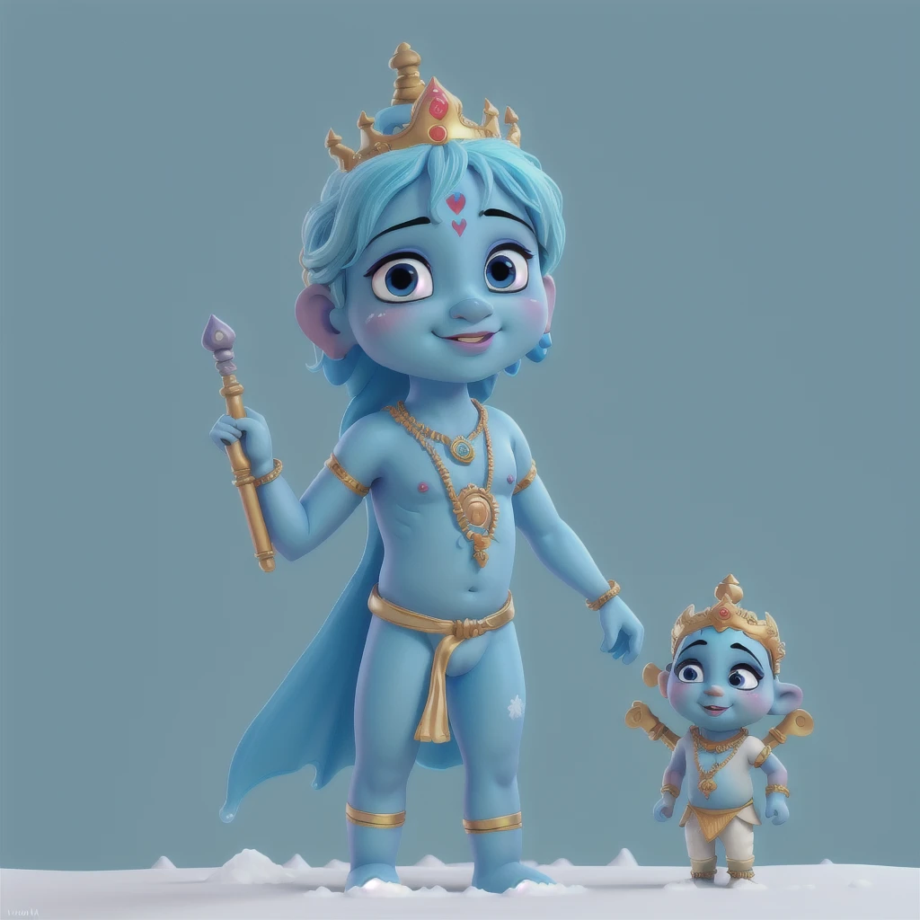 cute lord Krishna with Krishna blue skin background mountain snow