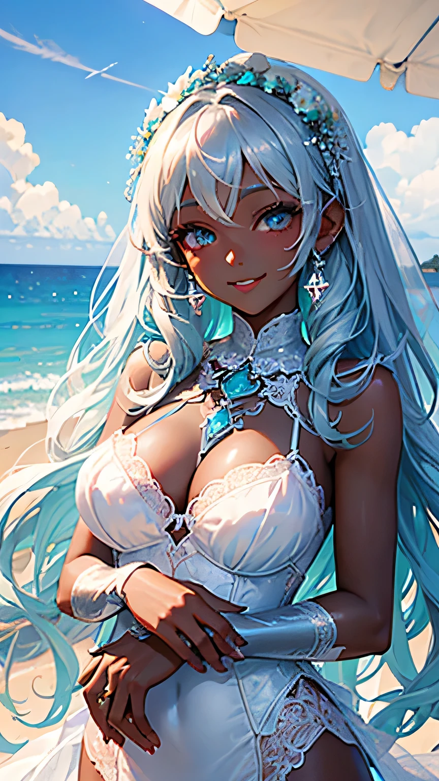 highest quality、Realistic、girl、zoom、Turquoise eyes、Silver Hair、Long curly hair、Bridal Lingerie、Wedding dress、Tanned black body、Brown black skin、Dark Skin、Big 、A big smile、Summer Sea、Bust Shot、