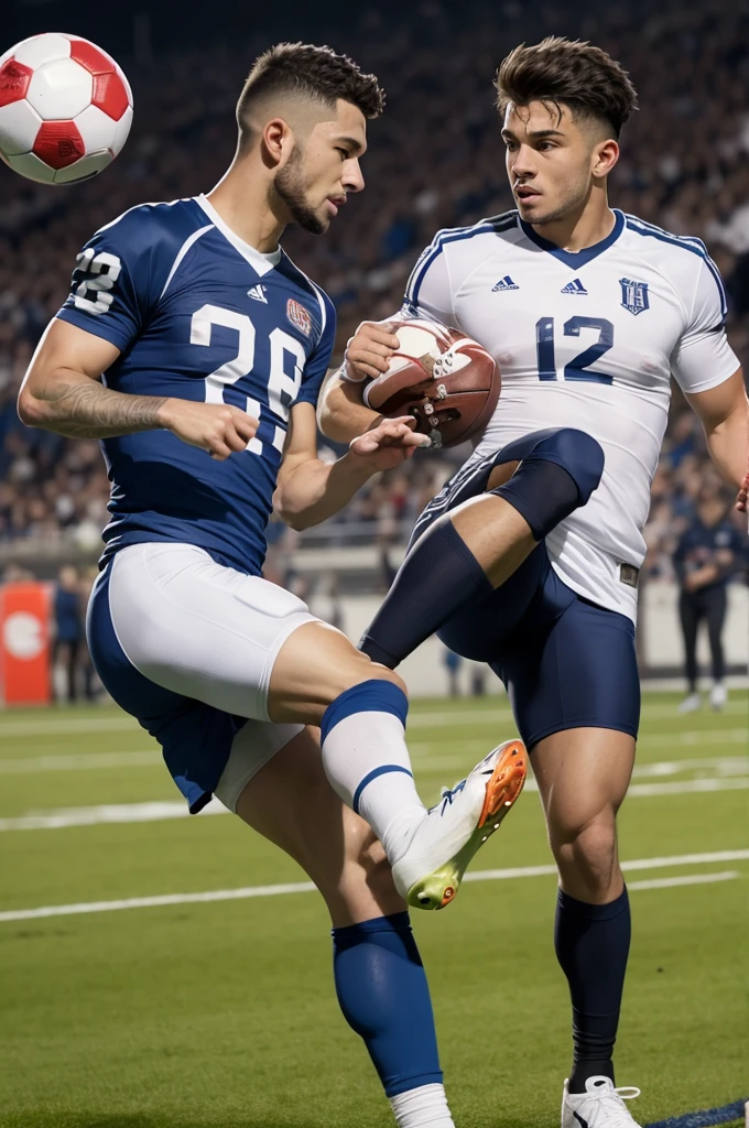 A football player who kicks the ball gives a t-shirt to another player