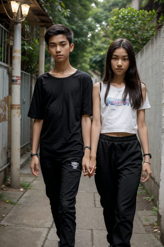 a couple of very thin heterosexual Thai teenage boyfriends, 12 year old lovers, a very thin 12 year old straight Thai teenage boy holding hands with a very thin 12 year old heterosexual Thai teenage girl, both of the same height, with very thin bodies and slender. The loving couple, the boy and the girl walk hand in hand. They wear a black t-shirt and black pants. And black bracelet on the arms.