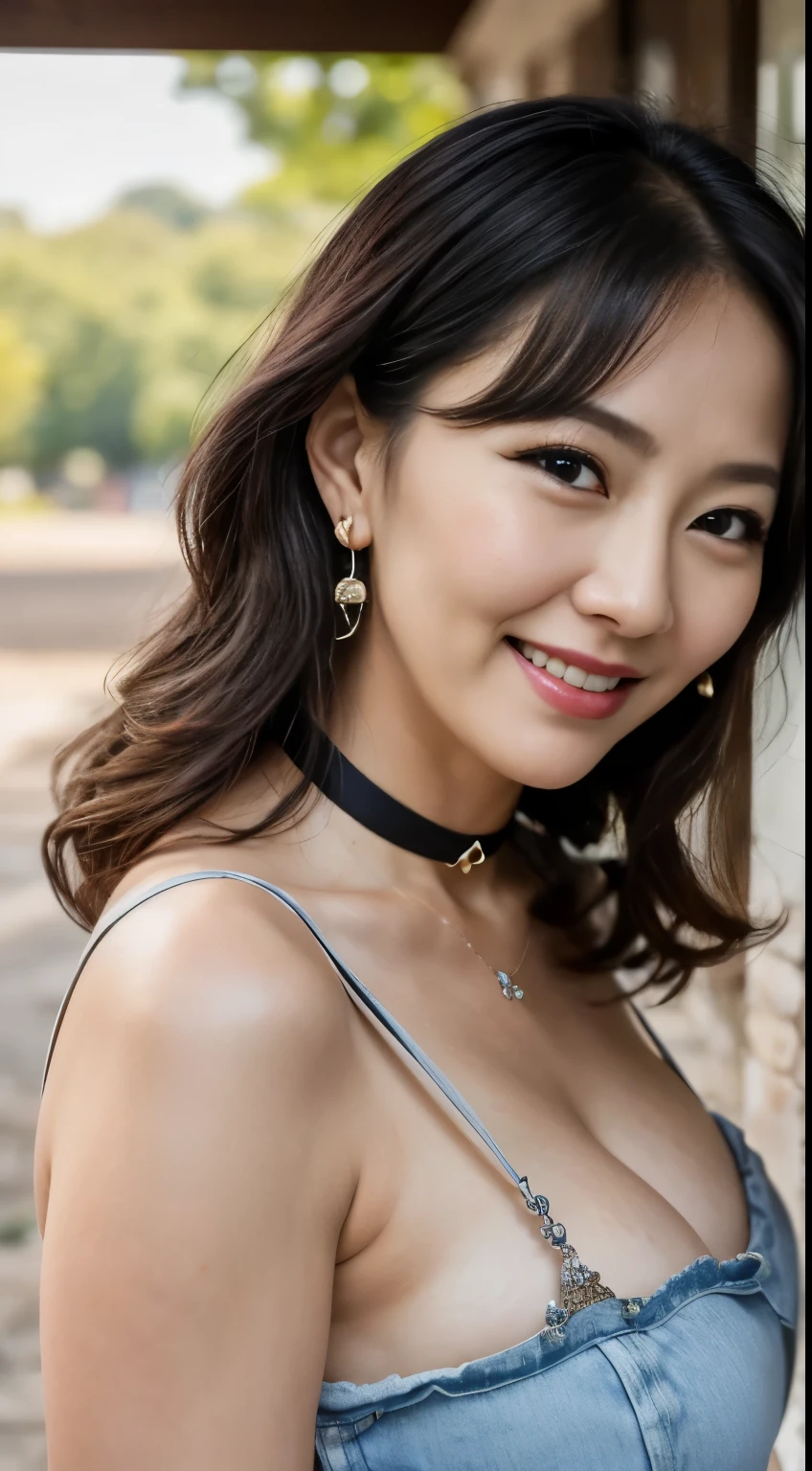 75 years old　mom　milf　Korean, Lady　large earring　Big choker　navel piercing decoration　A bracelet　Silver Hair　realisitic　Gorgeous Madame Beautiful Mature Woman　sexly　Smile　Gentle woman navel piercing　４K　High quality 夏　Garden Museum　Heavy chest