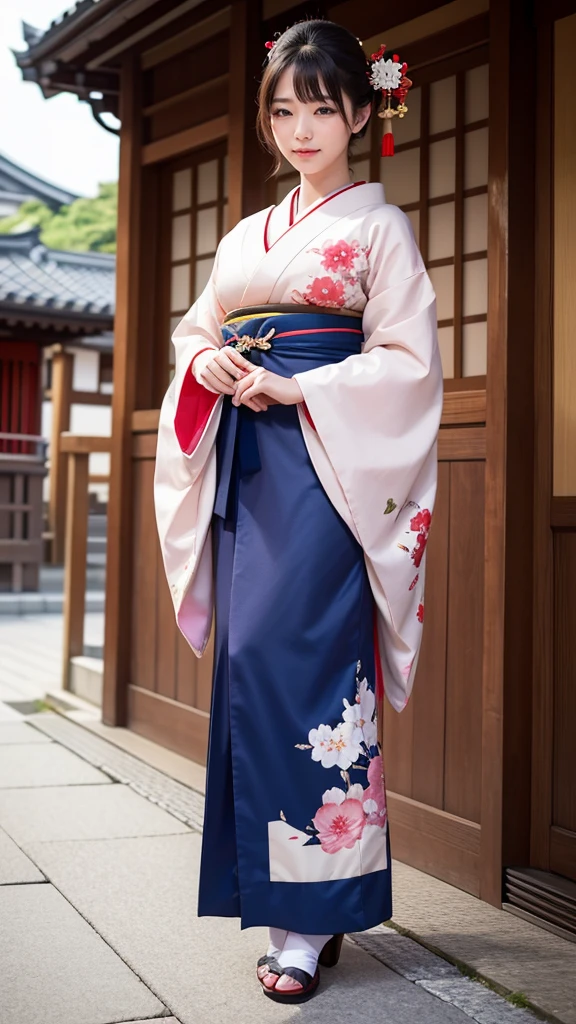 Highest quality, high resolution, 8K, full body, maiko, geisha, courtesan, kimono, 20 years old, beautiful woman, pretty face, cute face, Kyoto cityscape