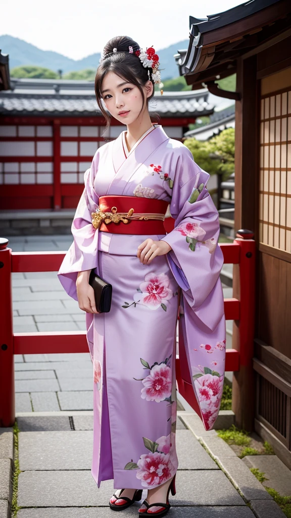 Highest quality, high resolution, 8K, full body, maiko, geisha, courtesan, kimono, 20 years old, beautiful woman, pretty face, cute face, Kyoto cityscape