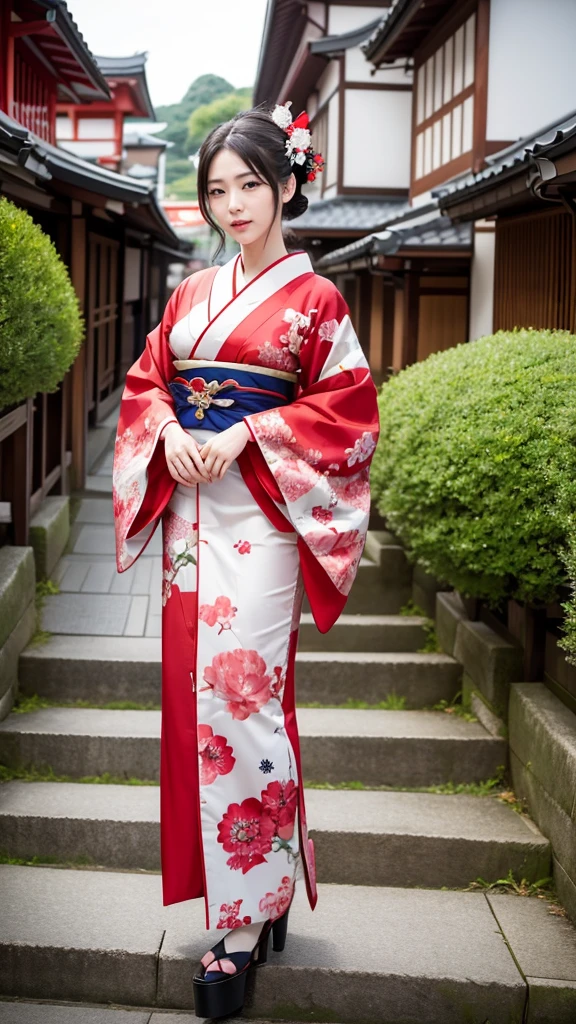Highest quality, high resolution, 8K, full body, maiko, geisha, courtesan, kimono, 20 years old, beautiful woman, pretty face, cute face, Kyoto cityscape