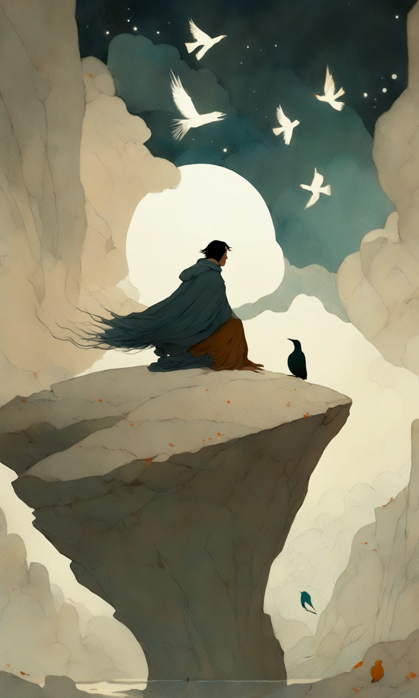 illustration of a man sitting on a rock with a bird flying overhead, a minimalist painting by Oswaldo Viteri, tumblr, conceptual art, in a cloak with long hairs, illustration!, victo ngai! muted sepia colors, brittney lee, dark illustration, a beautiful artwork illustration, #illustration, an ominous fantasy illustration, beautiful illustration, dramatic illustration