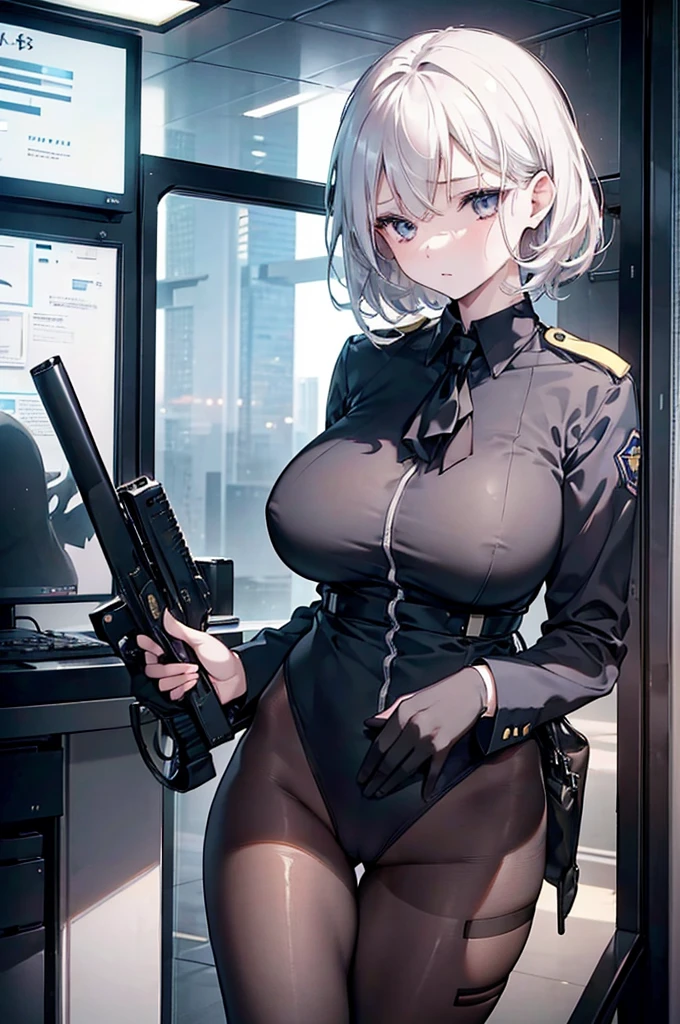 (1 Girl:1.3), Solitary, __body parts__ Delicate and realistic skin, Pale skin, Large target, Official Art, Unity 16K Wallpaper, Ultra Detailed,  beauty, masterpiece, best quality,  Awesome atmosphere, Calming color palette, A calm mood, Soft shadows, Airline stewardess, charm，Large Breasts，Black tights，Police Uniform