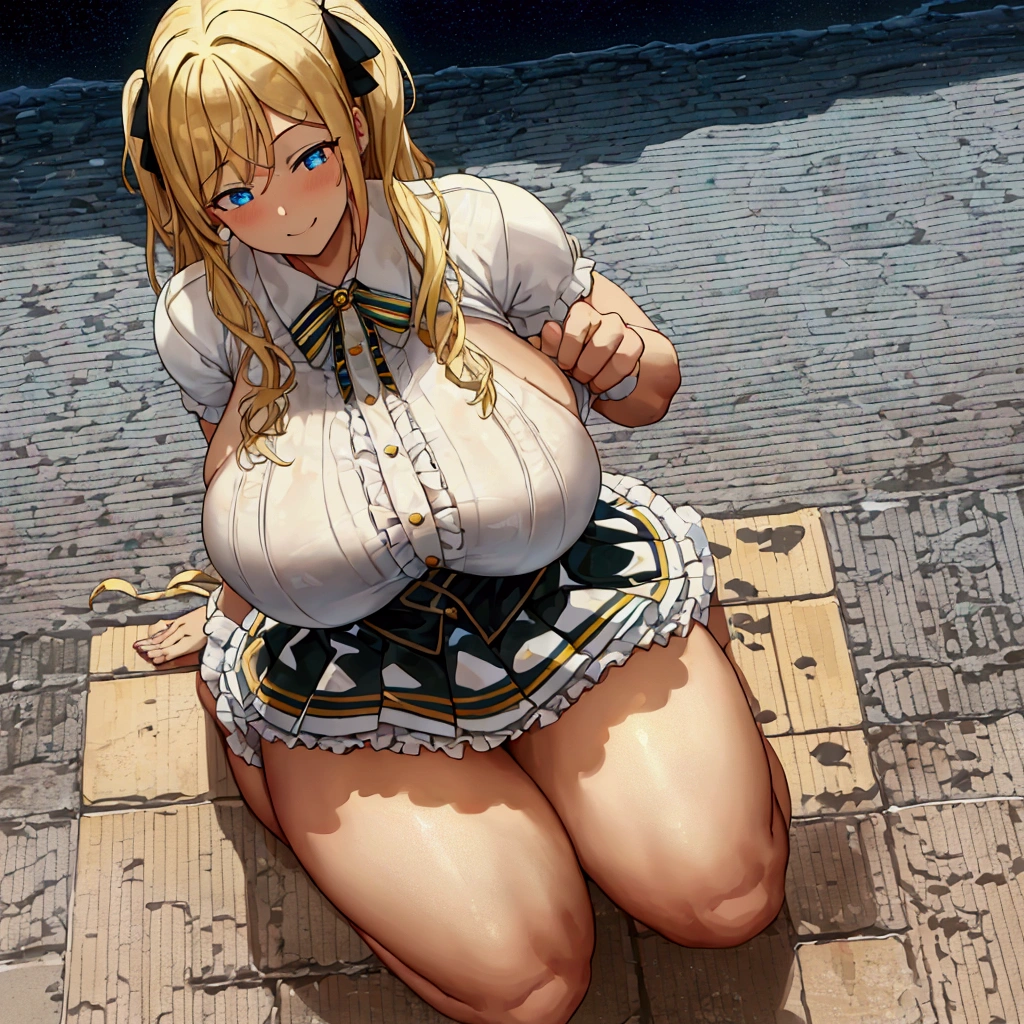 {1 girl},{full body},sitting,wariza,looking down,from below, dynamic cut,dynamic angle,naughty smile,hyper muscular,hyper big woman,hyper gigantic breasts,,hyper curvy,two side up,blonde hair,barefoot,best quality,masterpiece,white background,cute dress shirt frills ribbon split corset skirt,