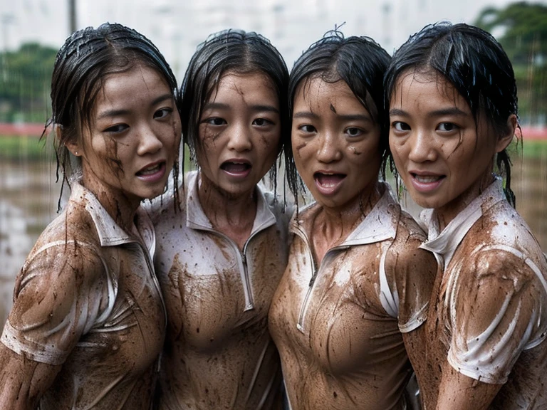 (A plain white short sleeved dirt stained field hockey uniform with a very tight white half zip:1.7)、(A large, muddy, white square collar: 2.0)、(Red clay ground:1.5)、My hair is wet and messy、(Beautiful Japanese woman covered in dirt:1.9)、Highest quality, masterpiece, Ultra-high resolution, Photorealistic, Raw Photos,Detailed face, (Fastener open: 1.8), (Everyone wears the same clothes:1.0), All members are super beauties, (Three beautiful Japanese women huddle together while being beaten: 1.8), (Hair tied up: 1.4), (Exhausted expression: 1.8), Bright photo, (Soaked from head to torrential rain: 2.0), (All muscular: 2.4)