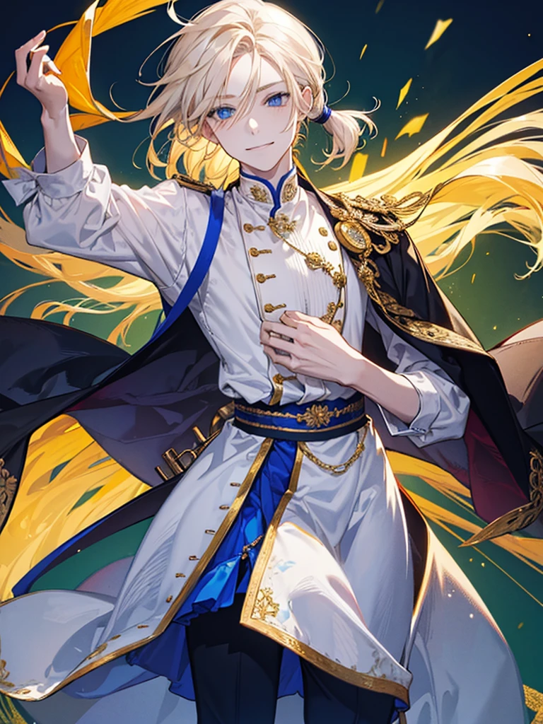 Young man he wear a white shirt , he has golden hair and low pony tail and blue eyes , he smiled.