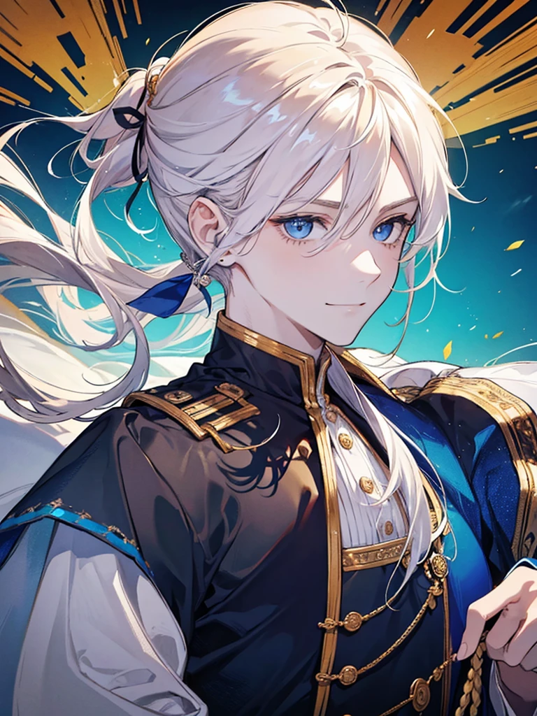 Young man he wear a white shirt , he has golden hair and low pony tail and blue eyes , he smiled.