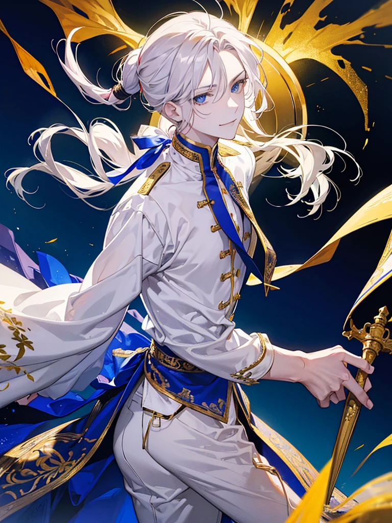 Young man he wear a white shirt , he has golden hair and low pony tail and blue eyes , he smiled.
