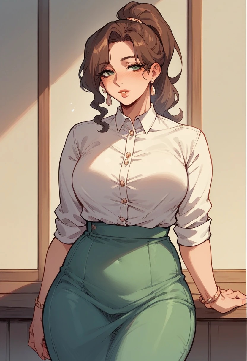 Lovely face,adult,Coquettish,mature,simple outfit,elegance,ponytail hair ,skirt, shirt,Feminine 