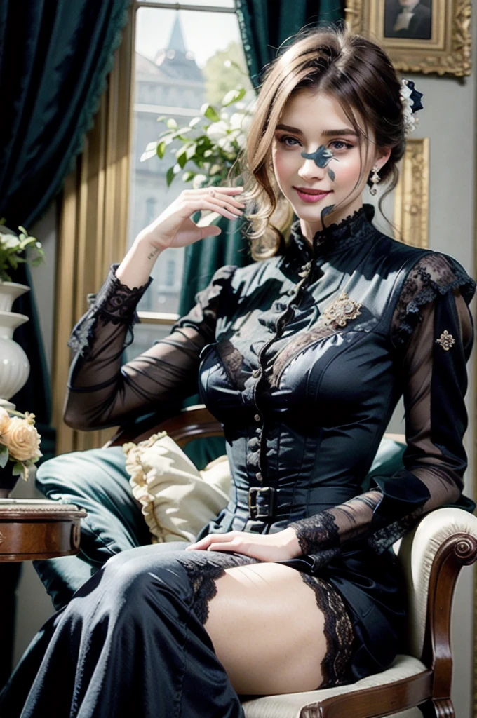 (realistic:1.3), finely detailed, quality, rembrandt lighting, (masterpiece:1.2), (photorealistic:1.2), (best quality), (detailed skin:1.3), (intricate details), dramatic, ray tracing, 1girl, russian girl, 21 years old, detailed skin texture, (blush:0.5), (goosebumps:0.5), subsurface scattering, smiling, big breasts, updo hair, bangs, hair ornaments, jewelry, (black victorian dress:1.2), long dress, (lace overlay:1.2), lace, lace embroidery, frills, brooch, puffy sleeves, (indoors, lavish resplendent decorations, aristocrat mansion, living room, antiques),