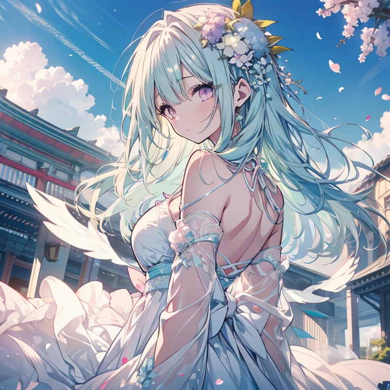 1 girl、Mature、Ample breasts、Long Hair、Mint green hair、Pink Eyes、Downtown、blue sky、Petals fluttering、Look to the side、Like a jewel、White wings on the back、Big Wings、White Dress、Shoulder Bare、hydrangea、High resolution、