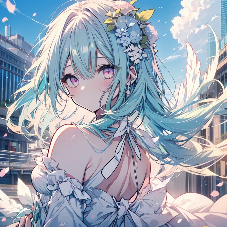 1 girl、Mature、Ample breasts、Long Hair、Mint green hair、Pink Eyes、Downtown、blue sky、Petals fluttering、Look to the side、Like a jewel、White wings on the back、Big Wings、White Dress、Shoulder Bare、hydrangea、High resolution、
