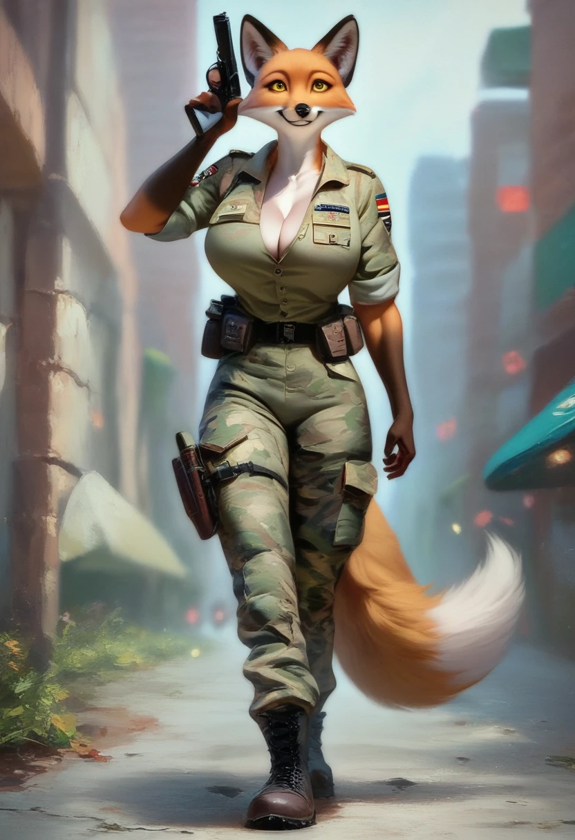 solo, 1girl, fox, female, broad shoulders, stocky build, buff, muscular, huge breasts, gold eyes, highly detailed eyes, long snout, Amazon, powerful figure, wearing camouflage_uniform, (urban uniform:1.2), military camp, pistol holster, rolled sleeves, shirt, trousers, cleavage, standing upright, combat boots, full body, smiling, friendly, looking at viewer, realistic lighting, by darkgem, by wfa, by gideon,