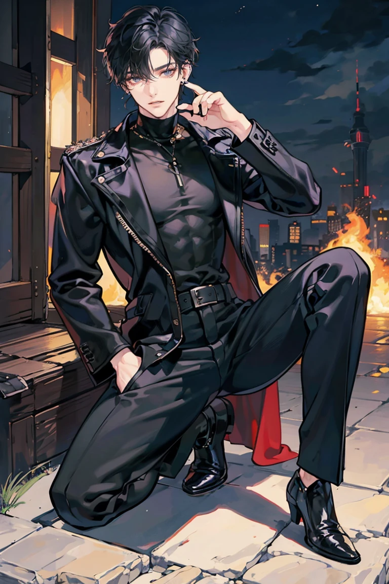 (masterpiece), best quality, seductive eyes, perfect face, handsome man, black eyes, short messy black hair, long nose, plain black turtleneck, black leather jacket, black fitted pants, full body, tall man, long legs, anime cover, 1boy, ear piercings, hands in pockets, adult-like look, bad boy, the background is a burning tower with his motorcycle 
