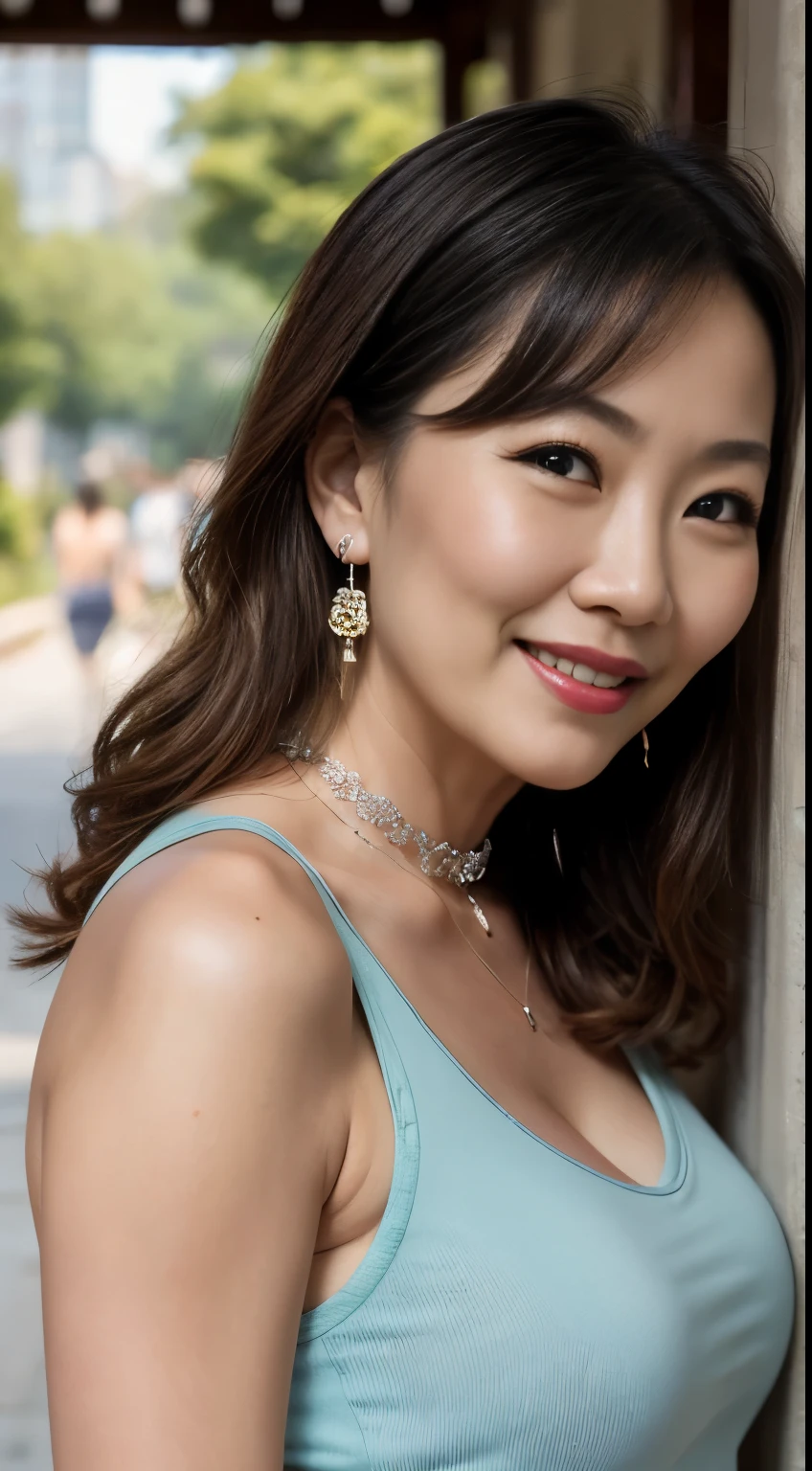 89 years old mom milf Chinese Lady large earring Big choker navel piercing decoration A bracelet Silver Hair realisitic Gorgeous Madame Beautiful Mature Woman sexly Smile Gentle woman navel piercing 4K High quality 夏 Garden Museum Tank top