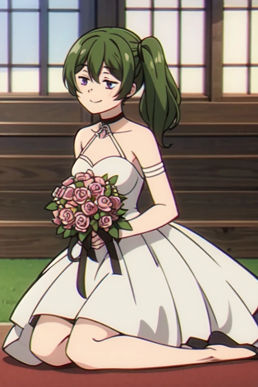 (((Best quality))), ((Ultra-detailed)), ((illustration)), ((Disheveled hair)), ((frilld)), (1 girl),(Solo),
1girl,blurry,blurry_background,blurry_foreground,bouquet,depth_of_field,flower,indoors,looking_at_viewer,lying,motion_blur,open_mouth,pink_flower,pink_rose,rose,white_rose,window,rating:questionable,underwear,smile,
wedding,wedding_dress,bride,veil,
full body, purple eyes,green hair,Right side ponytail,