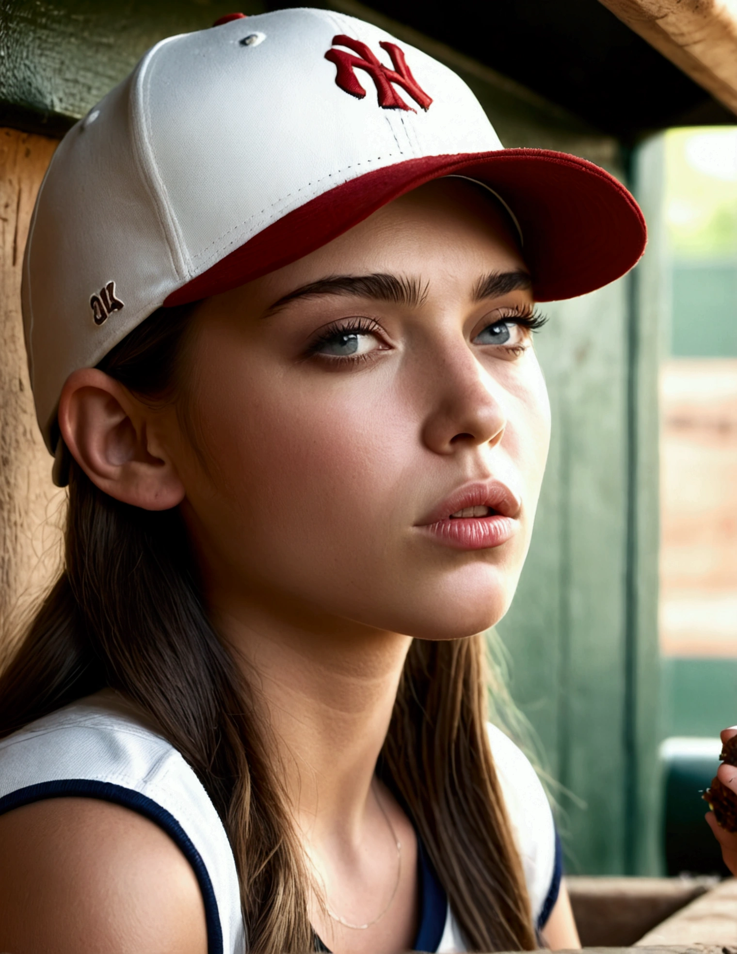 photorealistic portrait of a young woman in a baseball cap, chewing tobacco and sitting in a baseball dugout, detailed facial features, highly detailed, sharp focus, cinematic lighting, hyper realistic, 8k, masterpiece