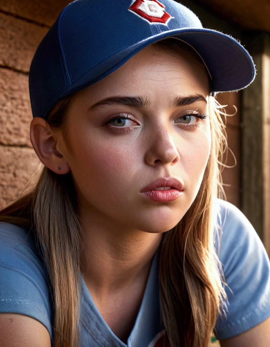 photorealistic portrait of a young woman in a baseball cap, chewing tobacco and sitting in a baseball dugout, detailed facial features, highly detailed, sharp focus, cinematic lighting, hyper realistic, 8k, masterpiece