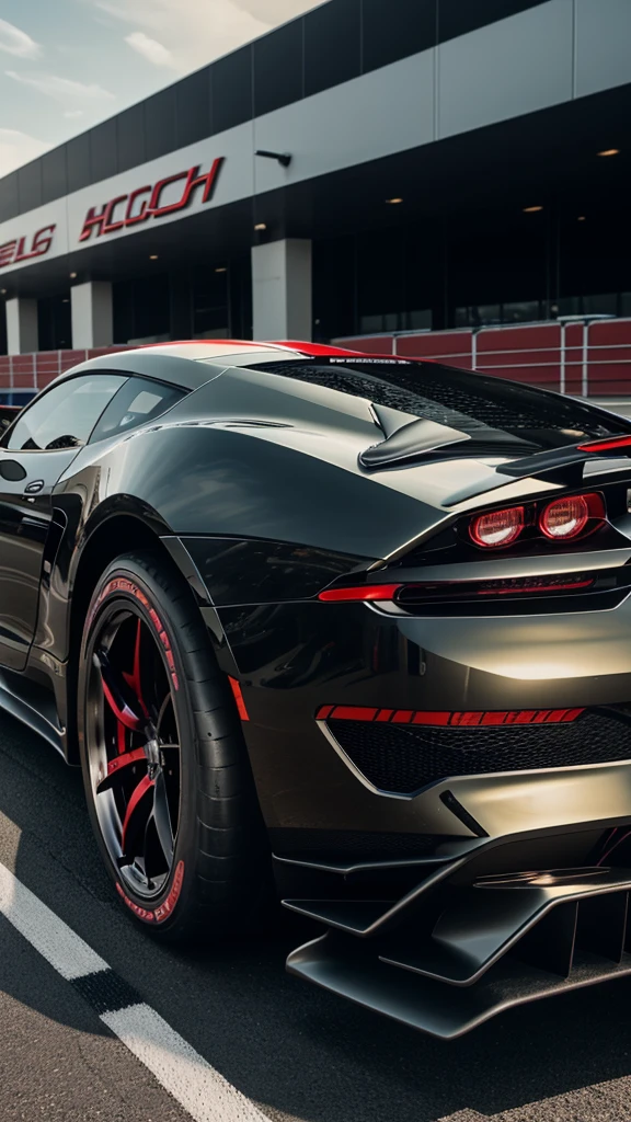 High performance sports car with glocy metallic black colour and red stripe and sporty alloys speeding on track