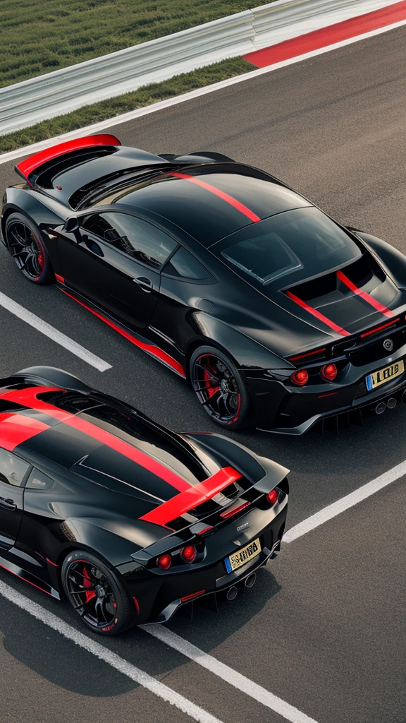 High performance sports car with glocy metallic black colour and red stripe and sporty alloys speeding on track