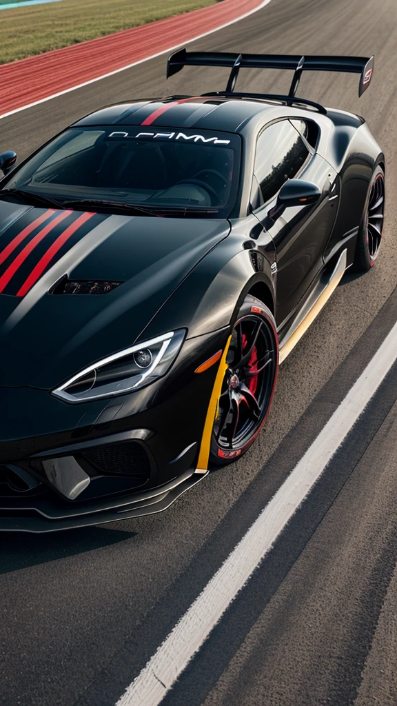 High performance sports car with glocy metallic black colour and red stripe and sporty alloys speeding on track
