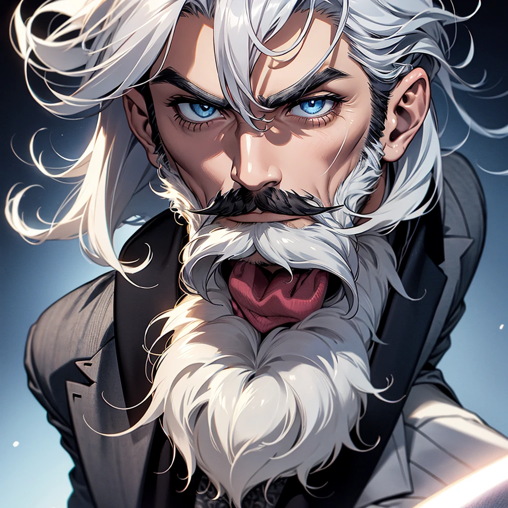 Old man, gruff, suit, in a study, blue eyes, stern looking, sideburns, mustache, grey hair