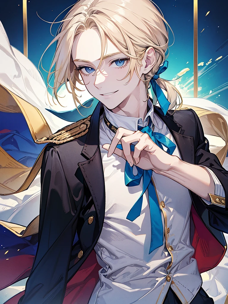 Young man, he has golden hair and low pony tail and blue eyes ,he wear a white shirt, he smiled.