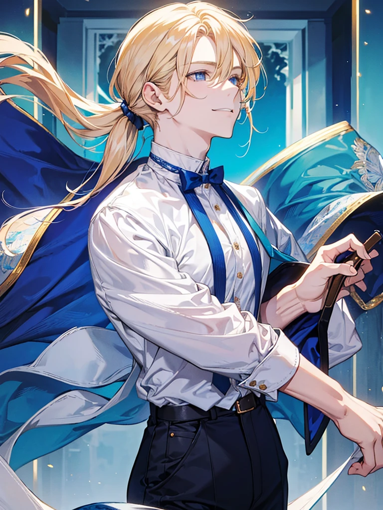 Young man, he has golden hair and low pony tail and blue eyes ,he wear a white shirt, he smiled.