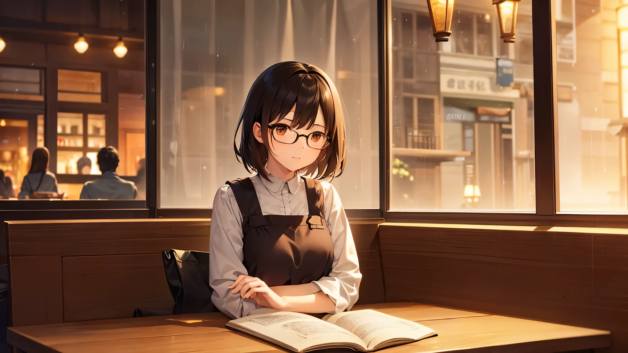 「In a quiet cafe at night、Outside the window the rain is falling。The character sitting in the corner of the cafe is、Enjoying coffee while reading a book。Characters with short brown hair and glasses、In a relaxed manner、The background shows a cafe interior with warm lights and wooden furniture.。Soft orange and brown tones、It creates a calm atmosphere。」