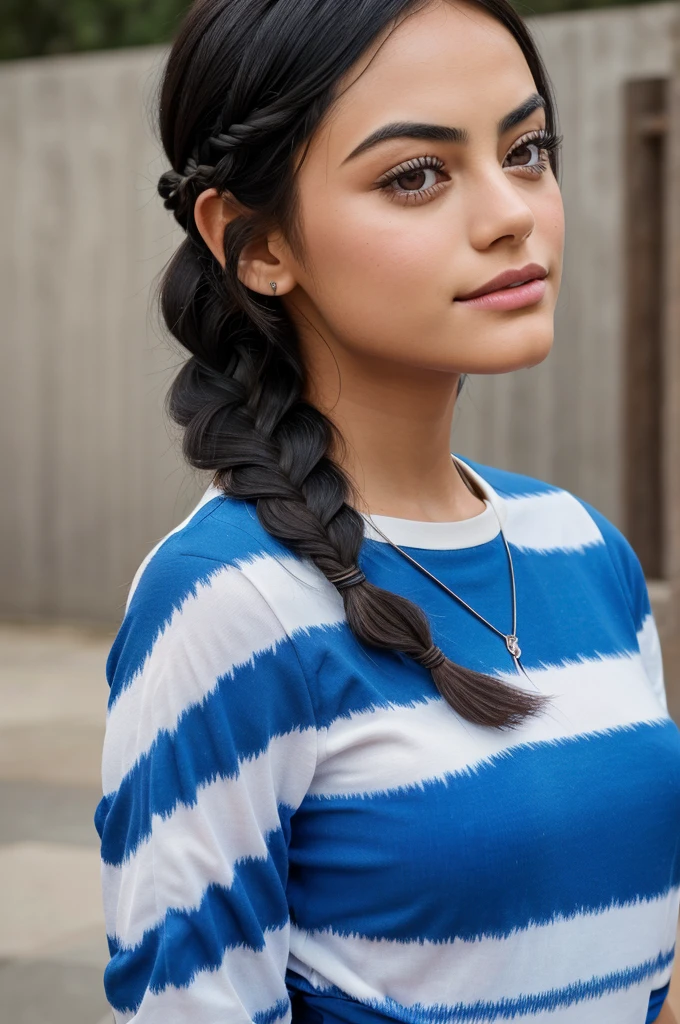 CamilaMendes,A close-up portrait of a young girl, fishtail braid style, slim with curves, ikat motive shirt, captured by a randomly selected photographer. This image, characterized by its minimalism style and outdoor background that was recognized as a contest winner. It has been featured on CG Society.