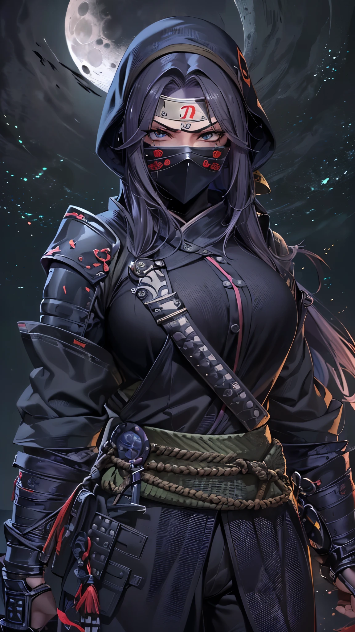 ((Highest quality)),(Ultra-high resolution),(Super detailed),(Detailed Description),((The best CG)),(masterpiece),Highly detailed art,(Art with precise details:1.5), ((Female ninja standing in the darkness:1.4)),(Sharp Eyes:1.3),(Metal headband:1.3),(Mask to hide the mouth:1.3),(Shinobi costume that fits the body:1.4), (Moon Night:1.6),